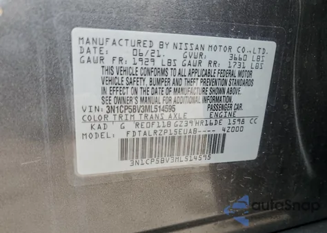 2021 Nissan Kicks S z USA, uszkodzony, nr VIN 3N1CP5BV3ML514595